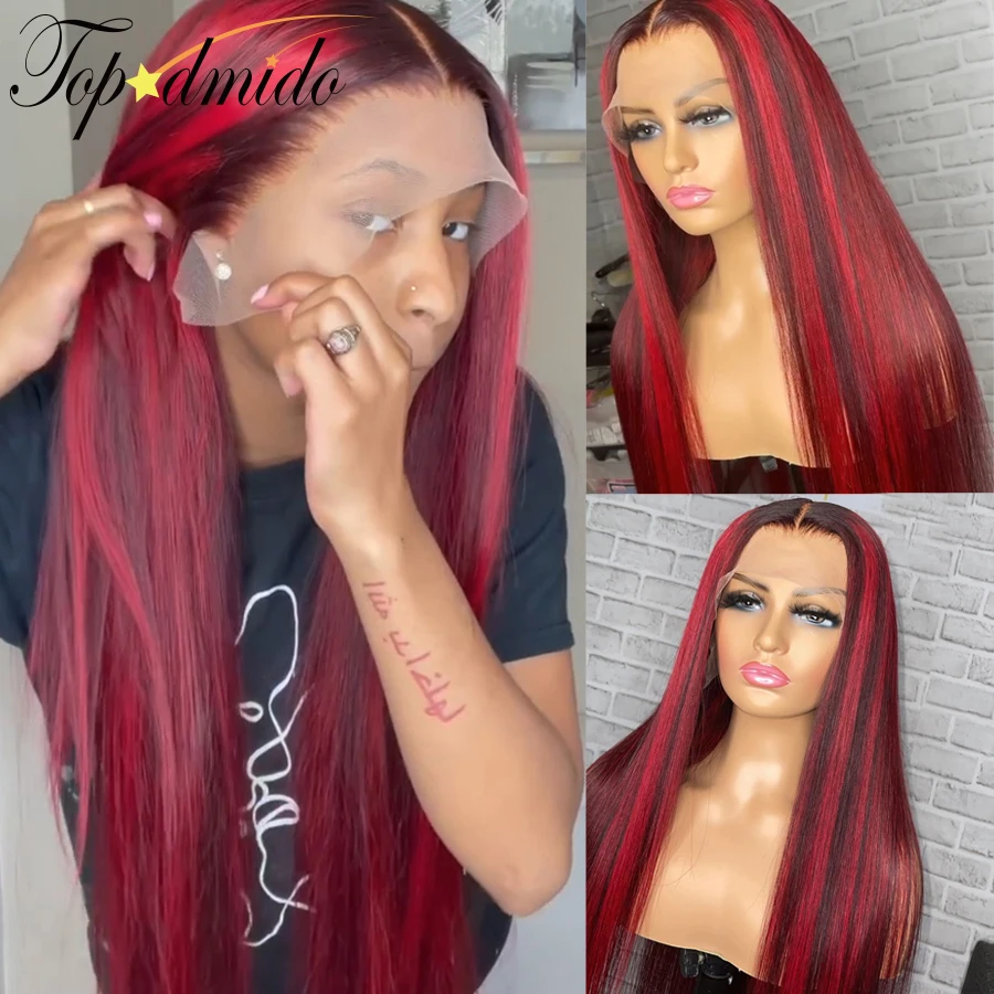 

Topodmido 13x4 Red Color Lace Front Human Hair Wigs with Baby Hair Highlight Color Brazilian Remy Hair Lace Front Wig for Women