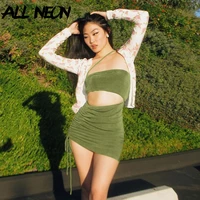 allneon 2000s aesthetics drawstring green cut out dresses fashion sexy hollow out spaghetti strap short dresses summer 2021