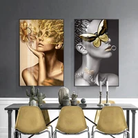 nordic fashion sexy woman poster gold leaves butterfly wall art canvas painting pictures modern home decor cuadros frameless