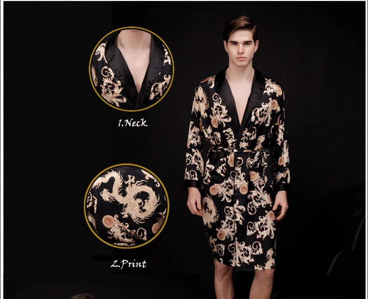 

Japanese Traditional Dragon Print Kimono Yukata Sleepwear Robe For Men Male Luxury Asian Spa Stain Silk Homewear Costume