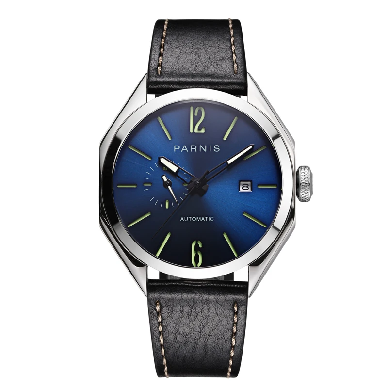 

Новый Parnis 43 мм синий циферблат Япония Miyota автоматические механические мужские часы кожаный ремешок Календарь Часы с сапфировым стеклом reloj ...