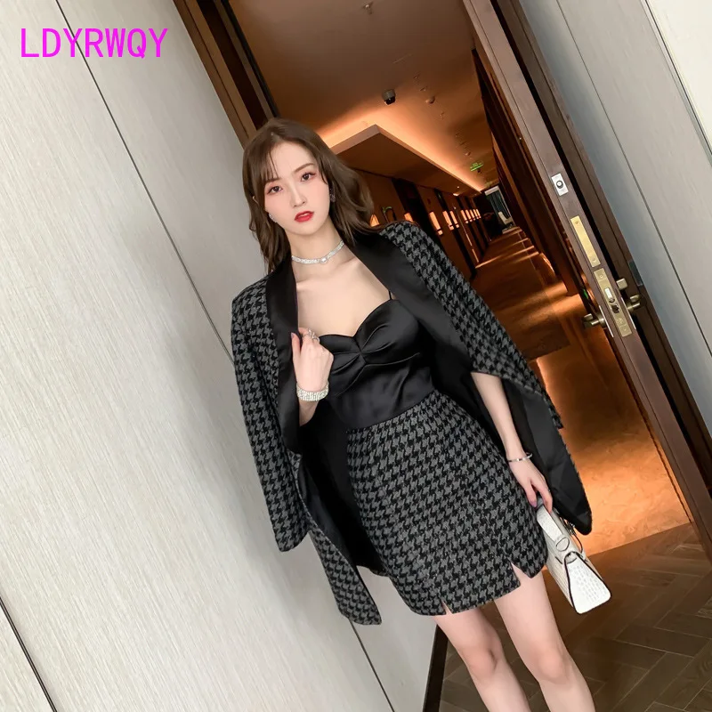 

Блестящий шелковый костюм с цветочным принтом, жакет, сшитый атласное платье тысячи птиц на бретельках, комплект из двух предметов, Офисная ...