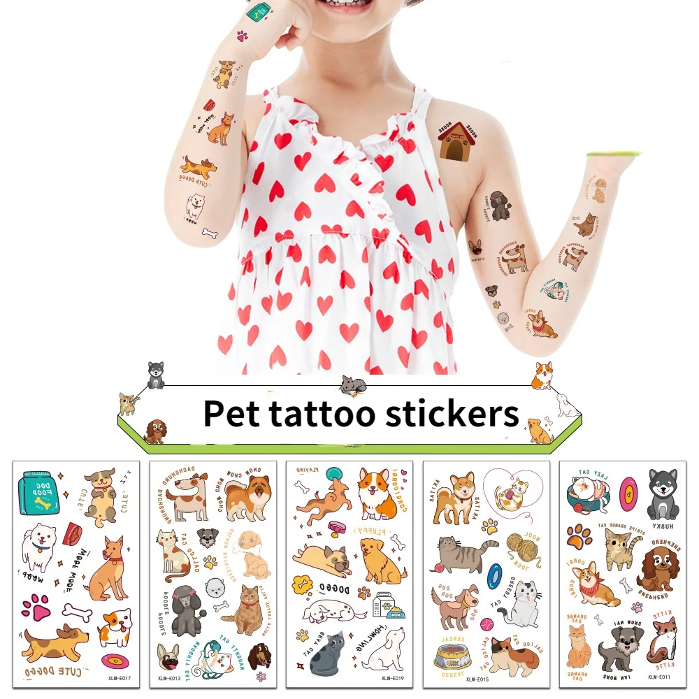 

10pcs Pet Temporary Tattoo Stickers Cartoon Dogs Cats for Children Waterproof Fake Tattoos on Face Hand Arm Party Favor Decor