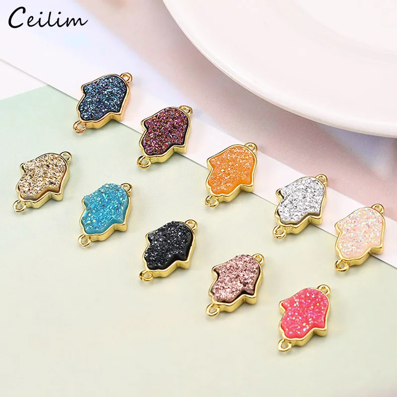 

10PCS Lucky Hamsa Fatima Hand Connector Charms Fit Bracelet Necklace 2 Holes Gold Resin Stone Druzy Pendant Diy Jewelry Findings