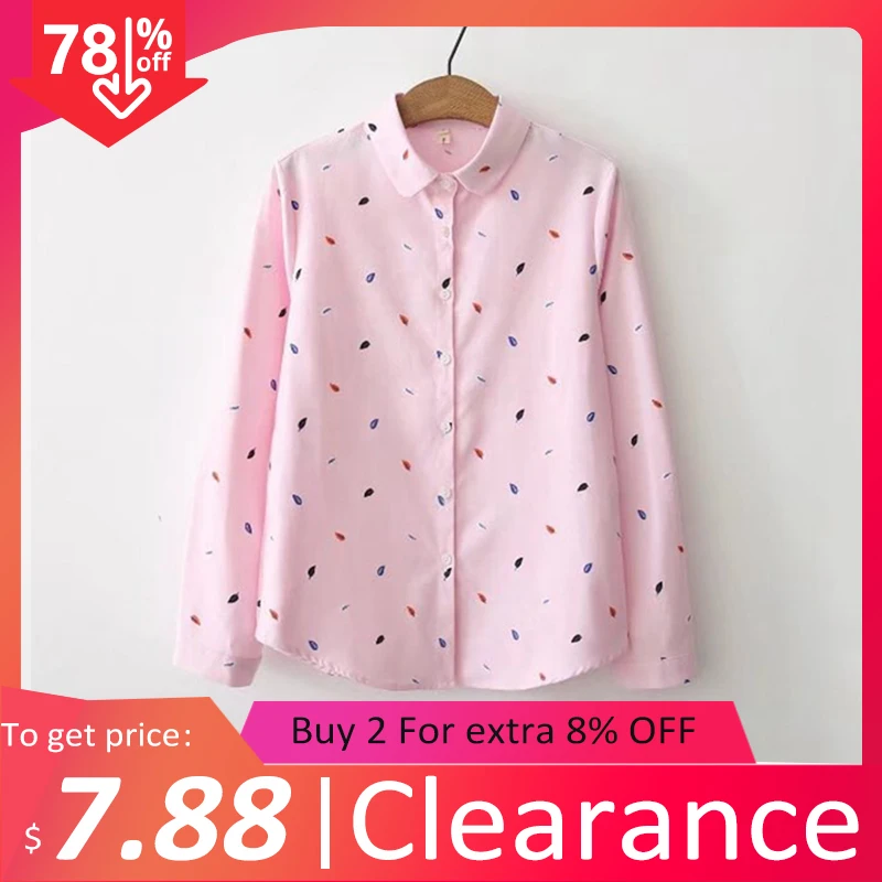 

Женская белая хлопковая блузка с принтом листьев, летняя розовая блузка с отложным воротником, повседневные женские блузки T02602, 2020