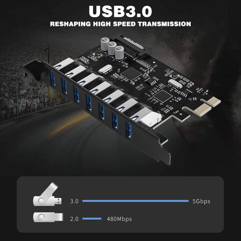 Adaptador de Expansão para Computador Pohiks Alta Velocidade 3.0 Pci-e Riser Cartão Portátil 7 Portas Pci Express Interface Desktop 1pc Usb