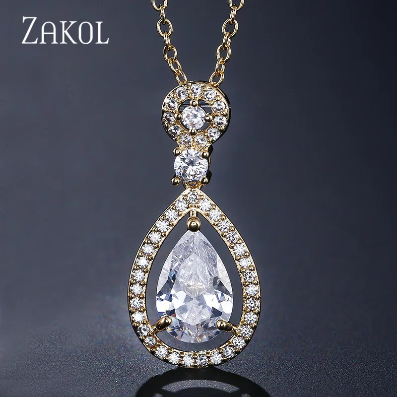 Gold Color Ожерелье с подвеской в виде капель воды ZAKOL, модные женские блестящие овальные круги с цепочкой, ювелирные изделия-ожерелья mujer FSNP2043 - Окраска металла: Gold Color