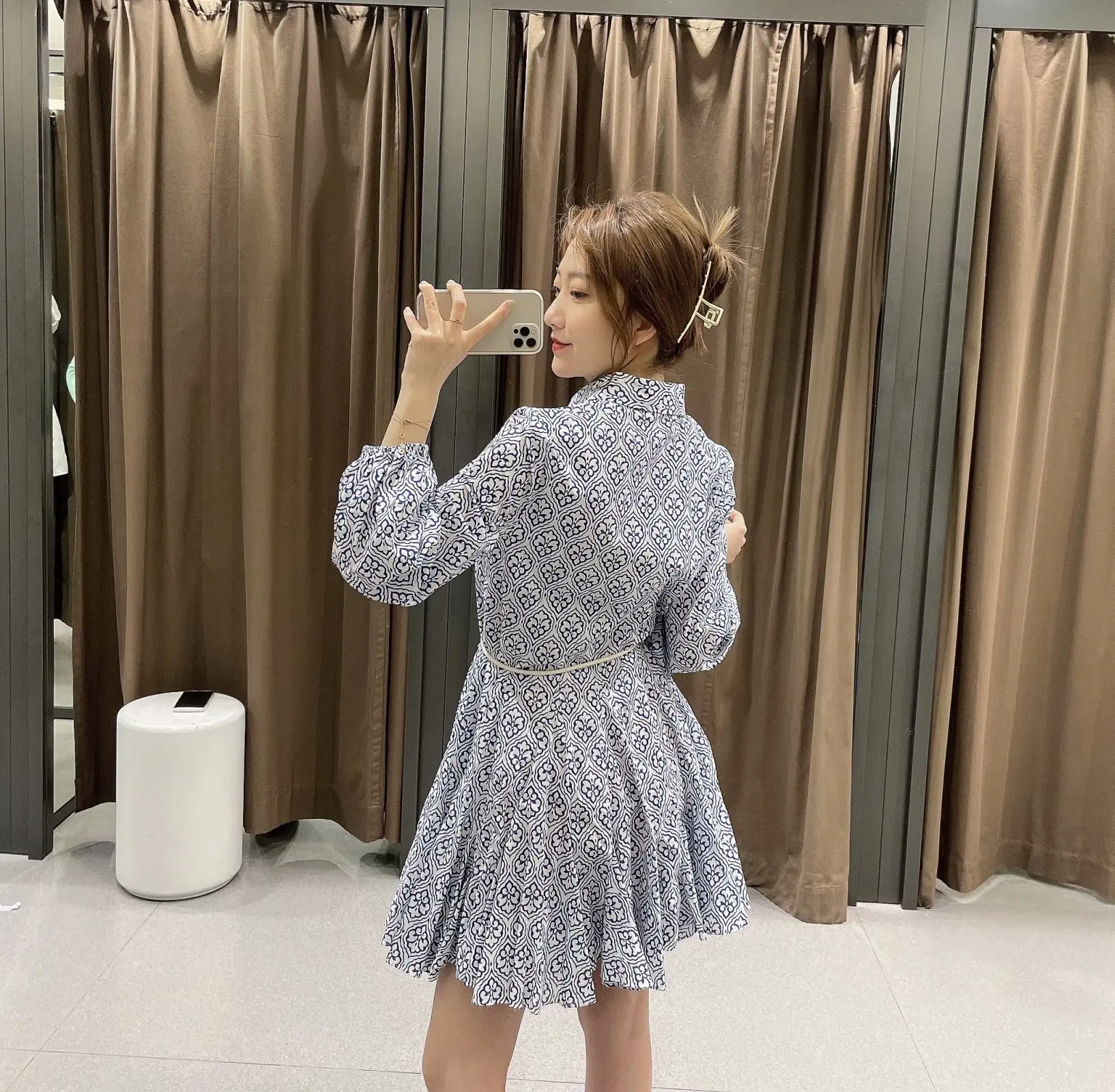 

Za Dress Women 2021 Spring Fashion Blue Print Vintage Puff Long Sleeve Belt Shirt Mini Dress Woman Ruched Casual Dresses