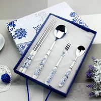 blue and white porcelain cutlery spoon stainless steel spoon western tableware set ceramic handle knife and fork dinner set
