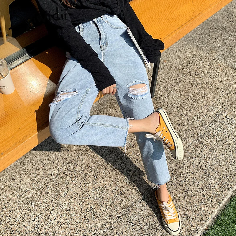 Рваные джинсы для женщин большие размеры 5XL джинсовые штаны с высокой талией мам