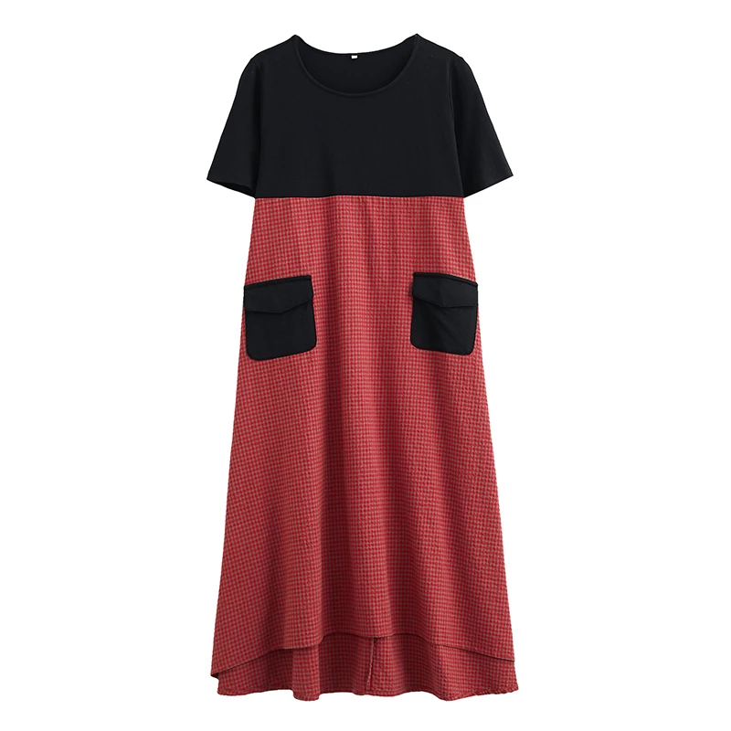 

Lesavir Plus Size Summer New Korean Version Of Cotton Linen Plaid Stitching Plaid Prairie Chic Vintage Dress Women Casual Dress