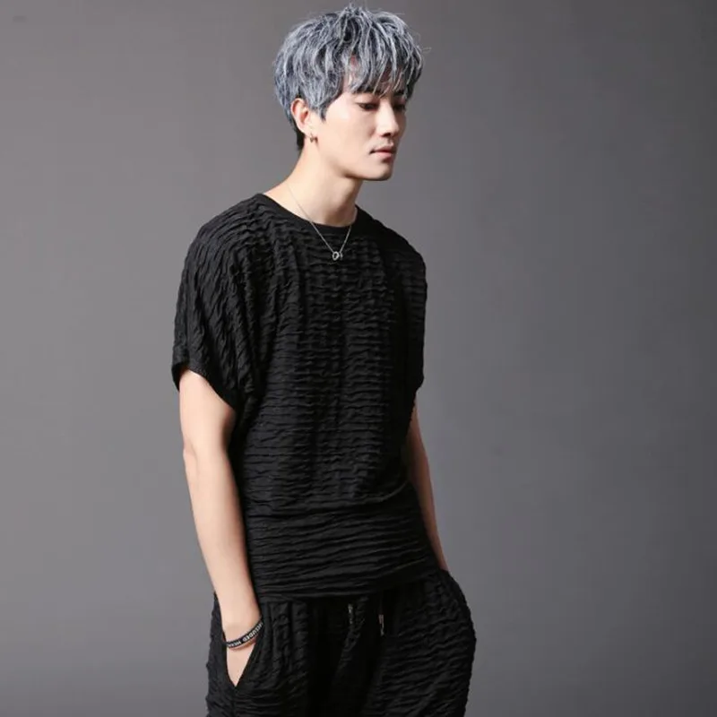 

Nice summer men oversized hip hop punk short sleeve t shirt elastic design tee shirts nightclub singer vintage stage costume