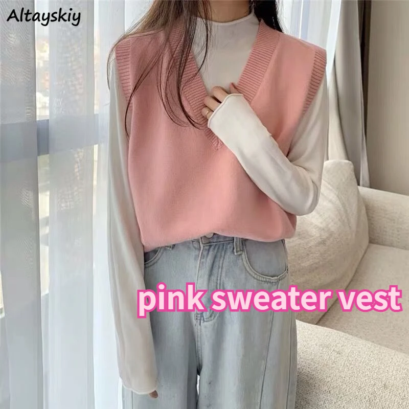 

Sweater Vest Women Candy Colors Sweet Girls Fall Fashion Korean Style Vintage Casual Cute Harajuku Loose Chic Simple Solid Pink