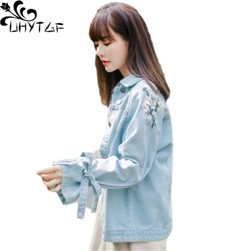 

UHYTGF Spring Autumn Denim Jacket Women Fashion Embroidery Elegant Student Casual Jeans Coats Korean Loose Plus Size Outwear 750