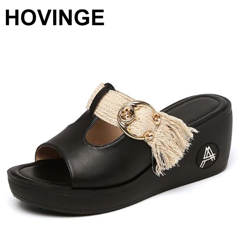 

HOVINGE Women slipper 2020 ladies summer slippers shoes women wedges heels fashion summer genuine leather platform shoes