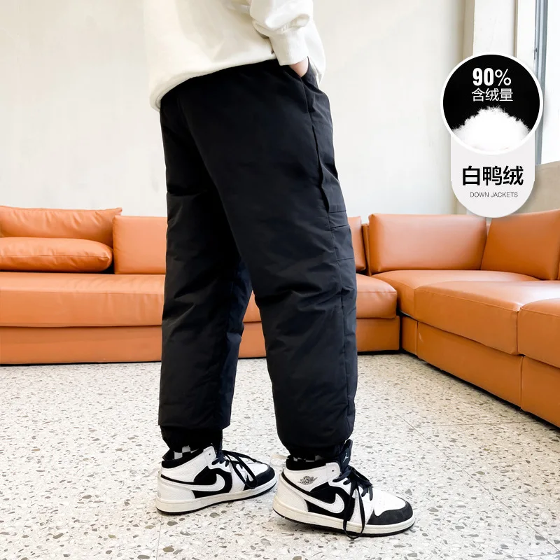 

Новинка 2022, детская одежда, повседневные теплые пуховые брюки для мальчиков, зимние плотные спортивные брюки, модные осенние брюки с хлопко...