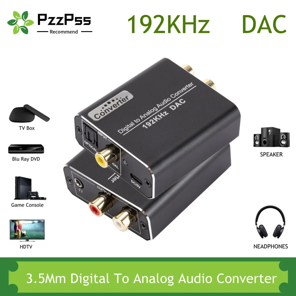 

Преобразователь цифрового сигнала в аналоговый PzzPss, 192 кГц, оптический коаксиальный волоконный, SPDIF в RCA, аудиоадаптер с разъемом 3,5 мм для ТВ ...