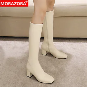 Женские сапоги до колена MORAZORA, черные однотонные сапоги до колена, на высоком каблуке, с квадратным носком, большой размер 33-48, зима 2020