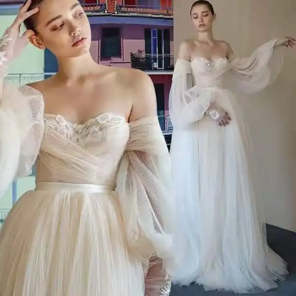

strapless tulle A-line wedding dress with puff sleeves robe soiree Sweep Train robe de mariée свадебное платье suknia ślubna