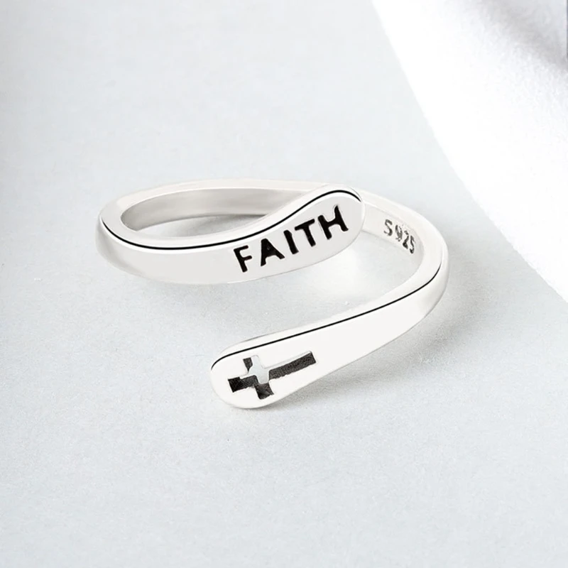 

Faith Cross Open Statement Rings Adjustable Minimalist Eternity Wedding Band Fashion Ring for Women Girls Men Jewelry Gift
