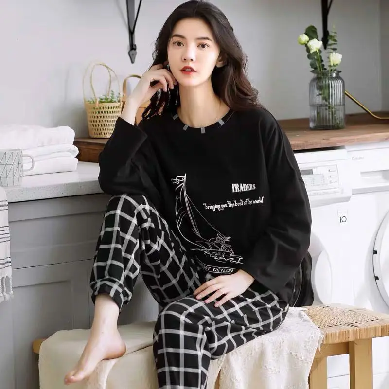 Long-sleeved Pajamas Women Spring Autumn Cartoon Cute Ladies Pyjama Long-sleeved Trouser Two-piece Comfortable Home Service Suit