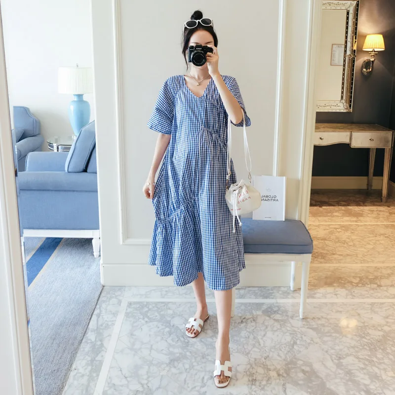 2019 New Brand Summer Maternity Dress Woman Cute Plaid Large Size Dresses Pregnant MD-01804 | Мать и ребенок