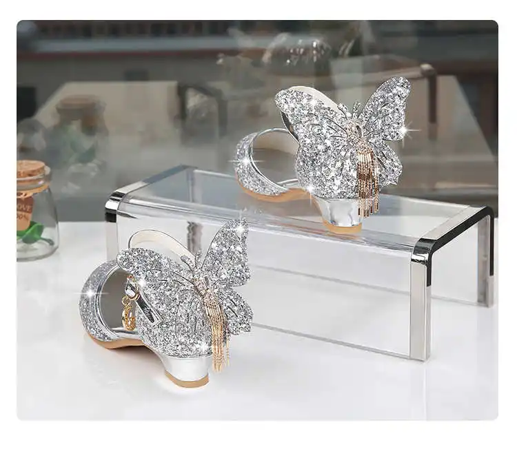 

Girls Princess Shoes High Heel Children's Crystal Sandals Butterfly Glitter Rhinestone Shoes Performance Soft Bottom Summer 2019