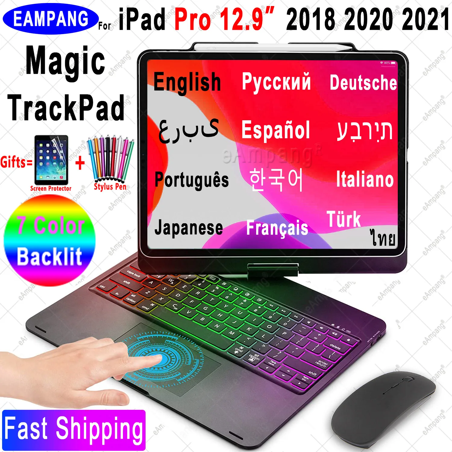 Magic Touchpad Keyboard Mouse Case for iPad Pro 12.9 2018 2020 2021 Russian Arabic Korean Hebrew Spanish Portuguese Keyboard