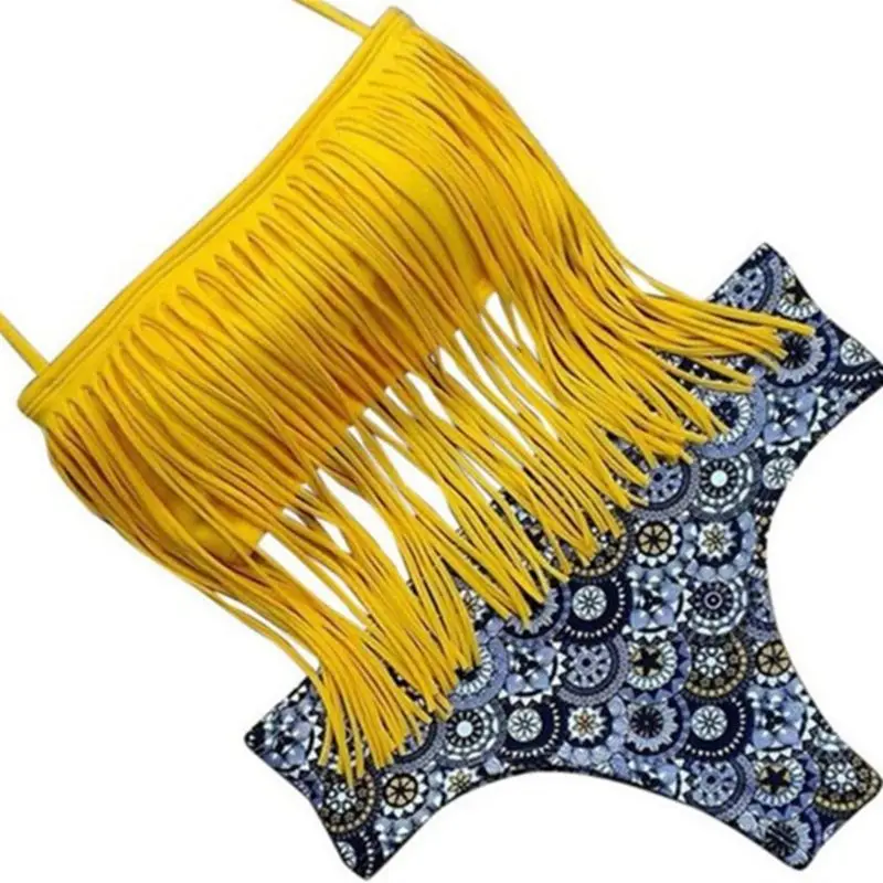 

H9ED Womens Sexy Two-Piece Bikini Set Long Fringed Tassels Solid Color Halter Crop Top Bra Ethnic Geometric Floral Printed Thong