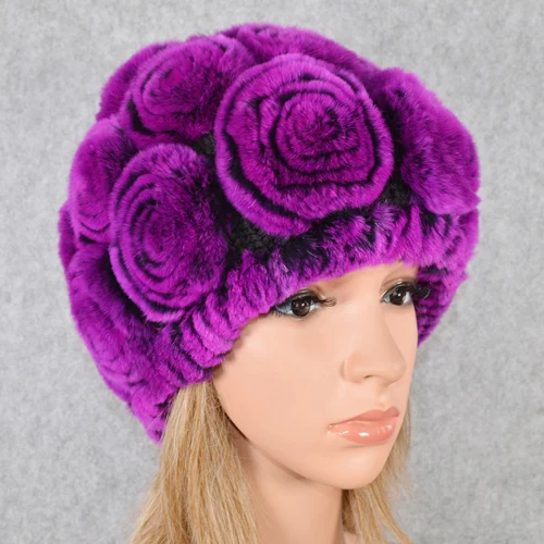 purple Горячая Распродажа зимние женские вязаные натуральный настоящий мех кролика шапки женские теплые Настоящий мех кролика шапки Цветочные меховые шапочки - Цвет: purple