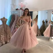 Vestido De fiesta De boda para graduación, sin hombros, longitud De té, tul con cuentas, Rosa polvoriento, vestido Formal De fiesta, 2021