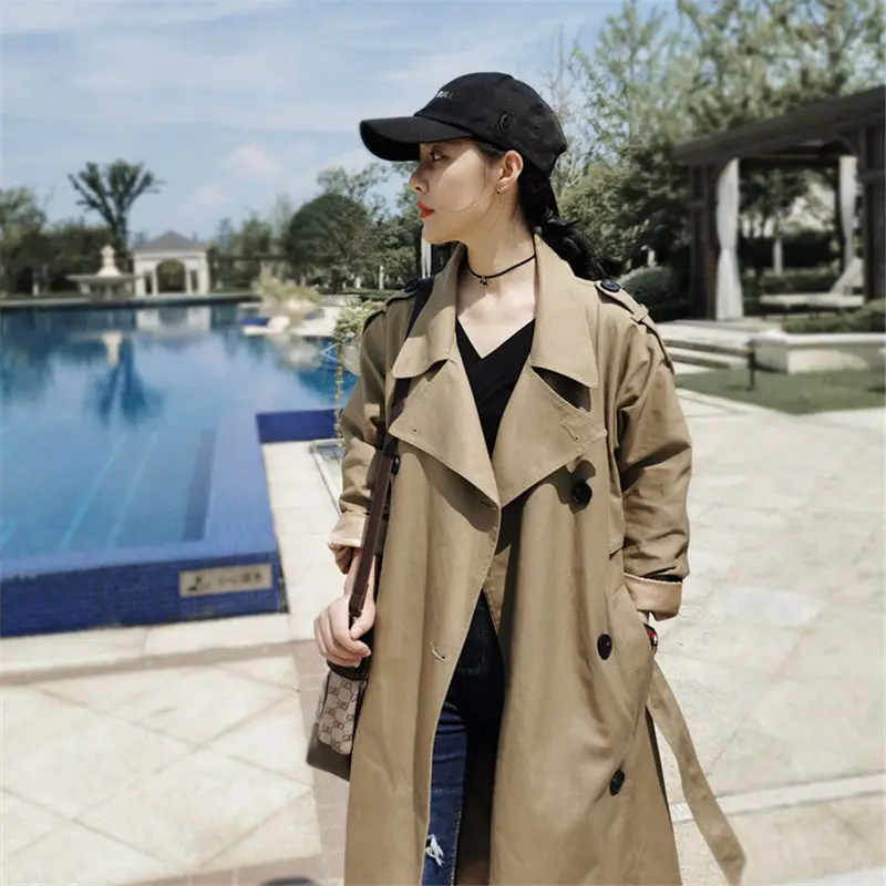 

Spring Coat Women Fashion Long Khaki Windbreaker Korean Jacket Female Lapel Double-breasted Sashes Outerwear Loose Coat f2834