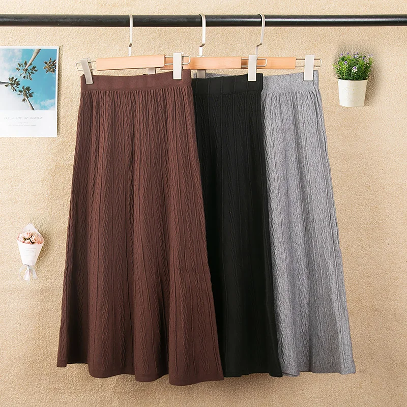 

Knitted Skirt Women's Autumn Winter Skirt New Wool Skirt A- Line Large Hem All-Match Thread Mid-Length skirts for women