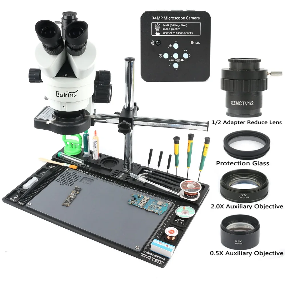 

3.5X-90X Simul Focal Zoom 34MP HDMI USB Video Camera Trinocular Stereo Microscope +Aluminum Workbench Stand +144 LED Ring Light