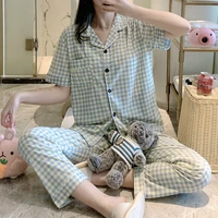 summer simple plaid pajamas womens short sleeve trousers cardigan korean sweet cute pajama set 2021 woman loungewear wholesale