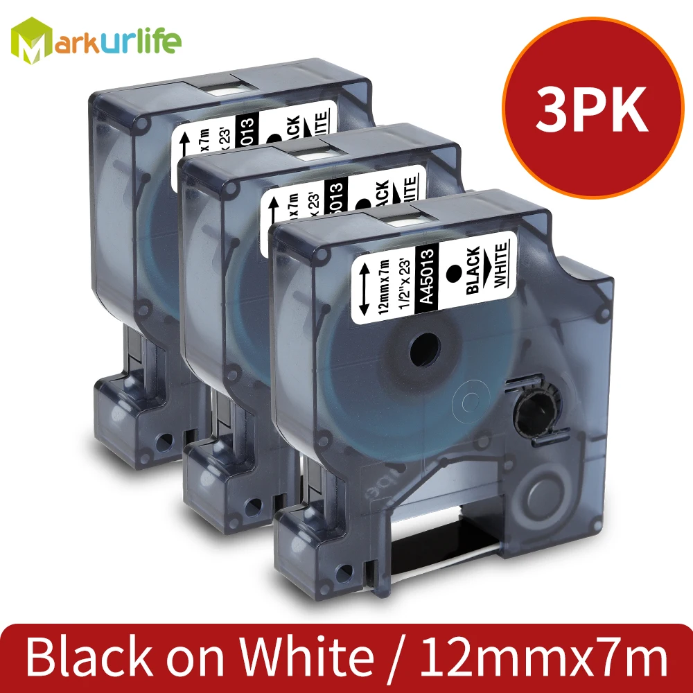 

3PCS 45013 45010 Label Tape 12mm*7M Compatible for Dymo D1 LabelManager Writer Maker 280 160 260P 45016 Black on White
