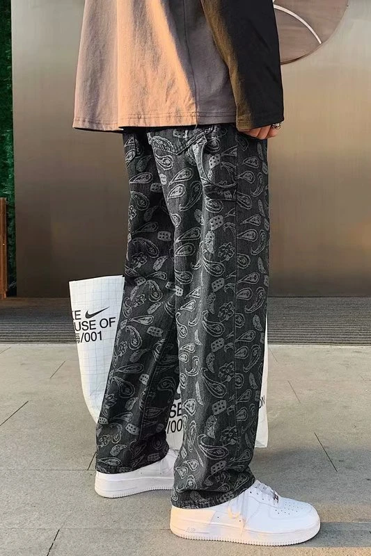 

Cashew flower black jeans men's straight tube loose spring and autumn summer Korean fashion men's baggy pants denim trousers
