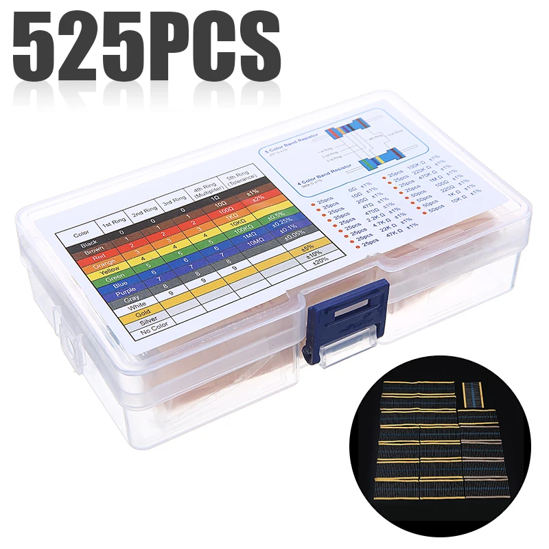 

525Pcs/Set Metal Film Resistors 17 Values (0-1M ohm) 1/4W Resistor Common Assortment Kit Electronic Components