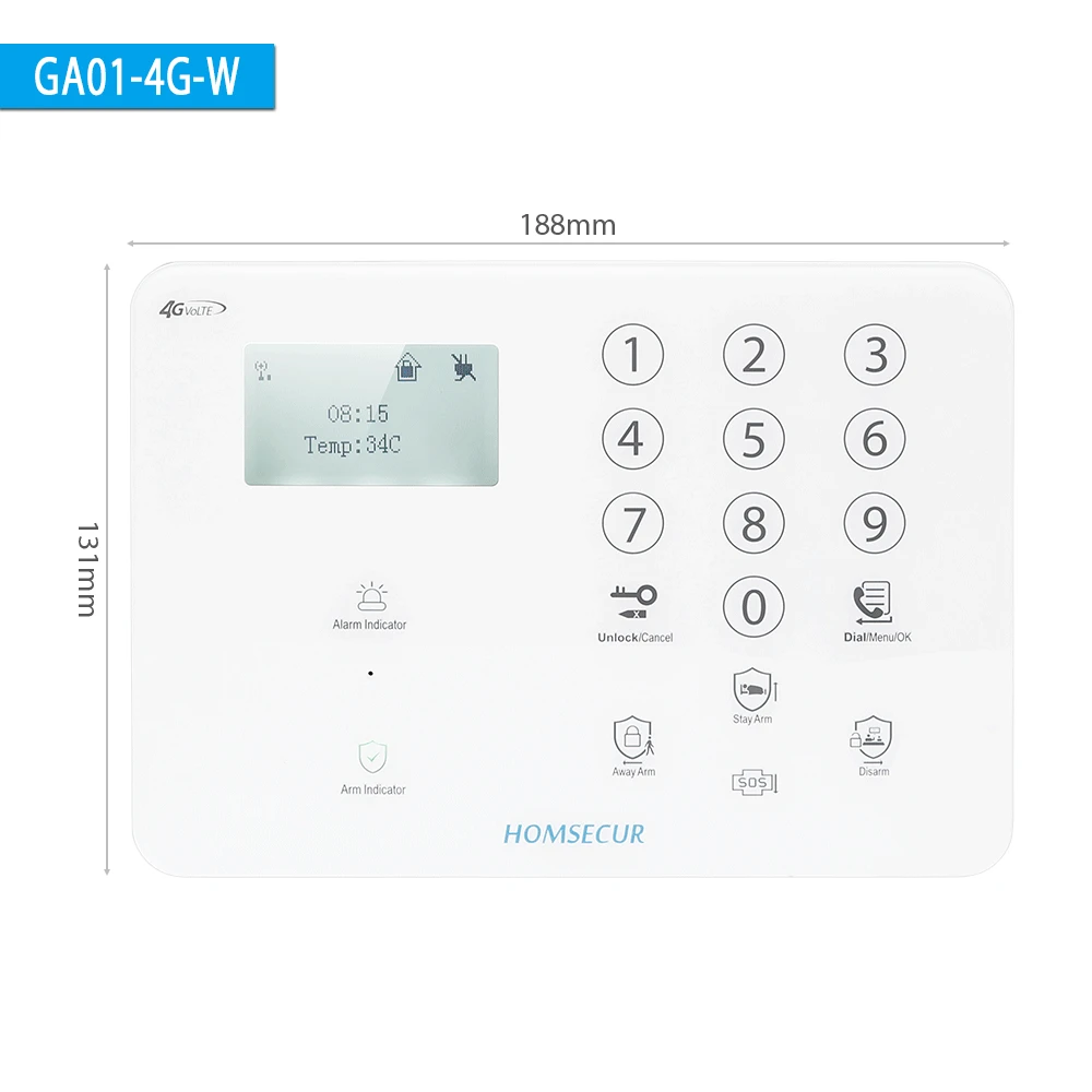 HOMSECUR GA01 4G W Беспроводная и Проводная 4G/3G/GSM ЖК система домашней сигнализации PIR