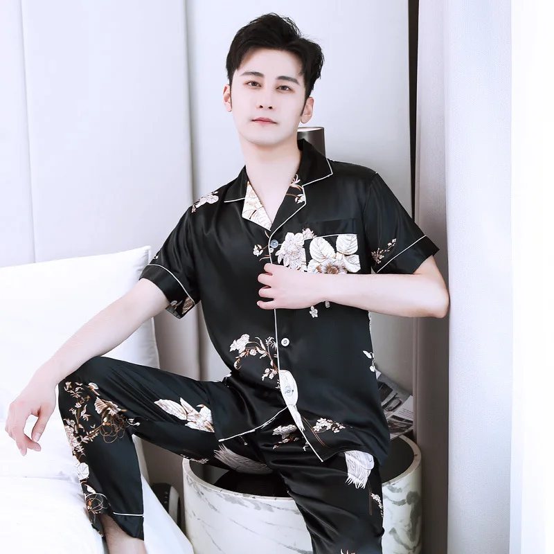 

Couple Lovers Silk Printing Pajamas Set Women and Man Spring Summer Autumn 2 Piece Sleepwear Set Floral Short 2020 New Wholesale