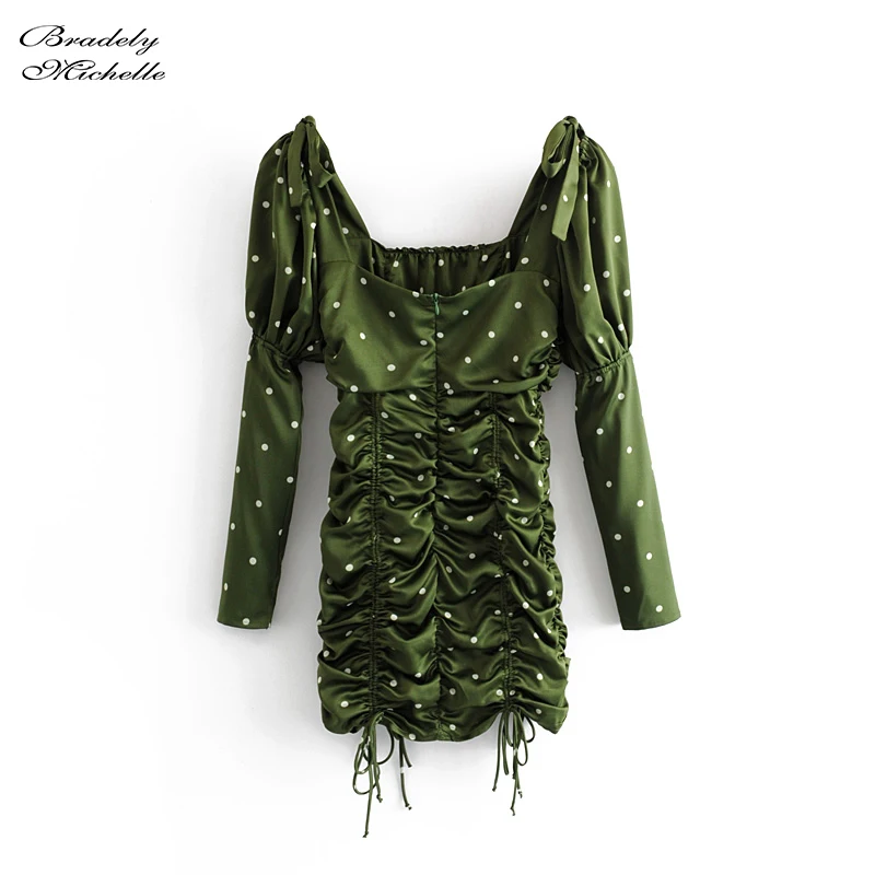 Женское винтажное платье в горошек зеленое футляр с длинным рукавом и квадратным