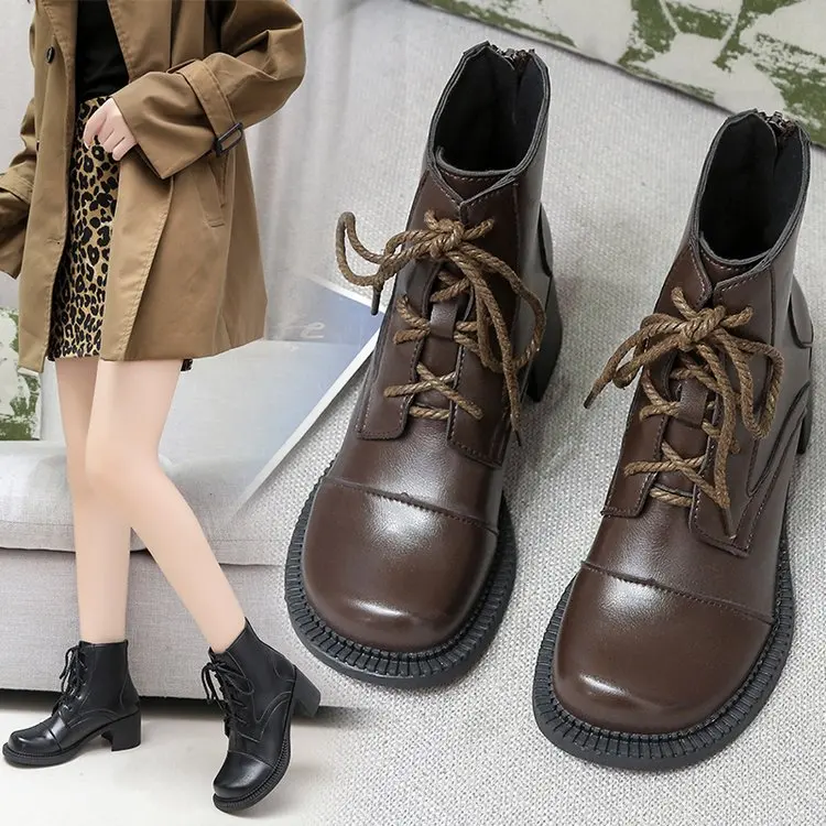 

Женские ботильоны из натуральной кожи, на шнуровке, с круглым носком, в стиле ретро