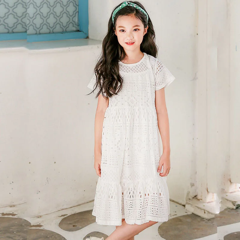 2022 New Hollow Out Lace Teen Girls Dresses Kids Children's Dress Summer Cotton White Baby Princess Party Teenager Clothing | Детская
