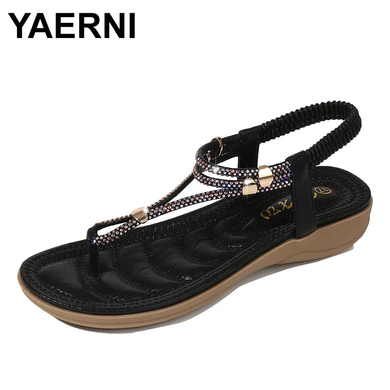 

YAERNI lady low heel casual handmade sandals thongs sandals women round toe rhinestone back strap shoes woman