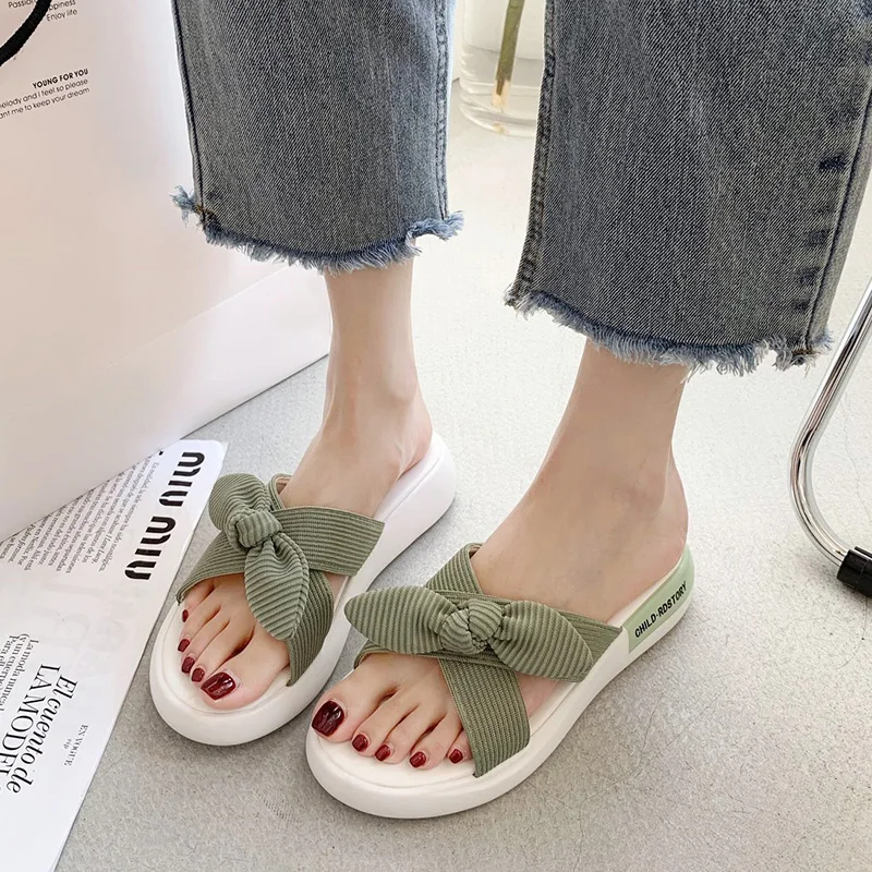 

Shoes Woman's Slippers Platform Slides Med Butterfly-Knot Shale Female Beach 2021 Summer Soft Flat Sabot Sweet Butterfly-knot Ro