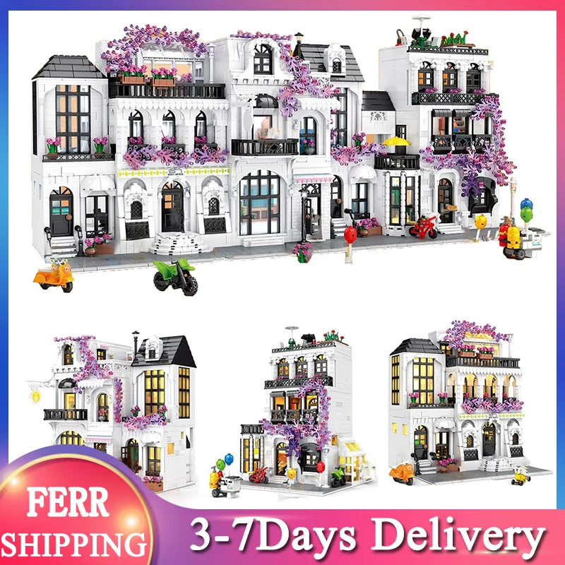 

2021 JUHAN город МОС улица вид Серия Европейский сад цветок улица вилла модель строительные блоки кирпичные игрушки подарок для детей