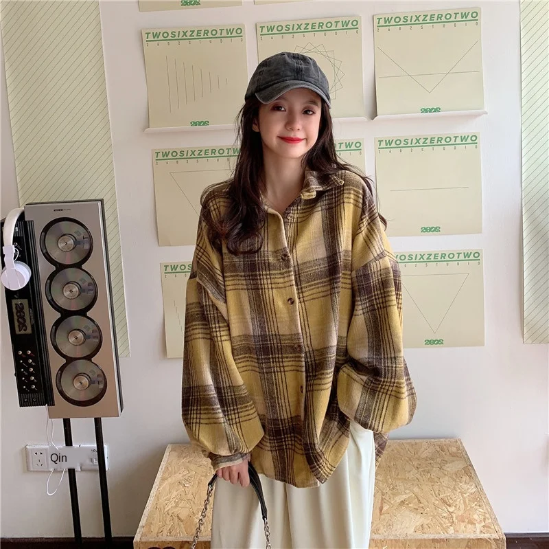 

Plaid Woolen Shirts 2020 New Autumn and Winter Retro Lantern Sleeve Hong Kong Style Top Loose All-Matching Long Sleeve Coat