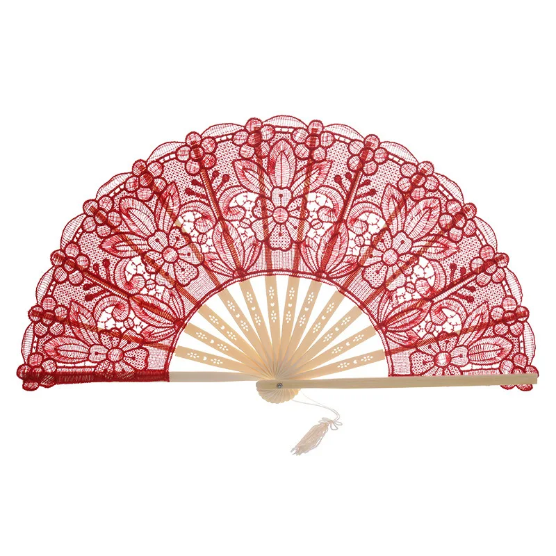 

Bamboo Lace Arts Crafts Dance hand Fan China Antique Red Hollow Out Embroidered Folding Fan eventail a main Vintage Chinese