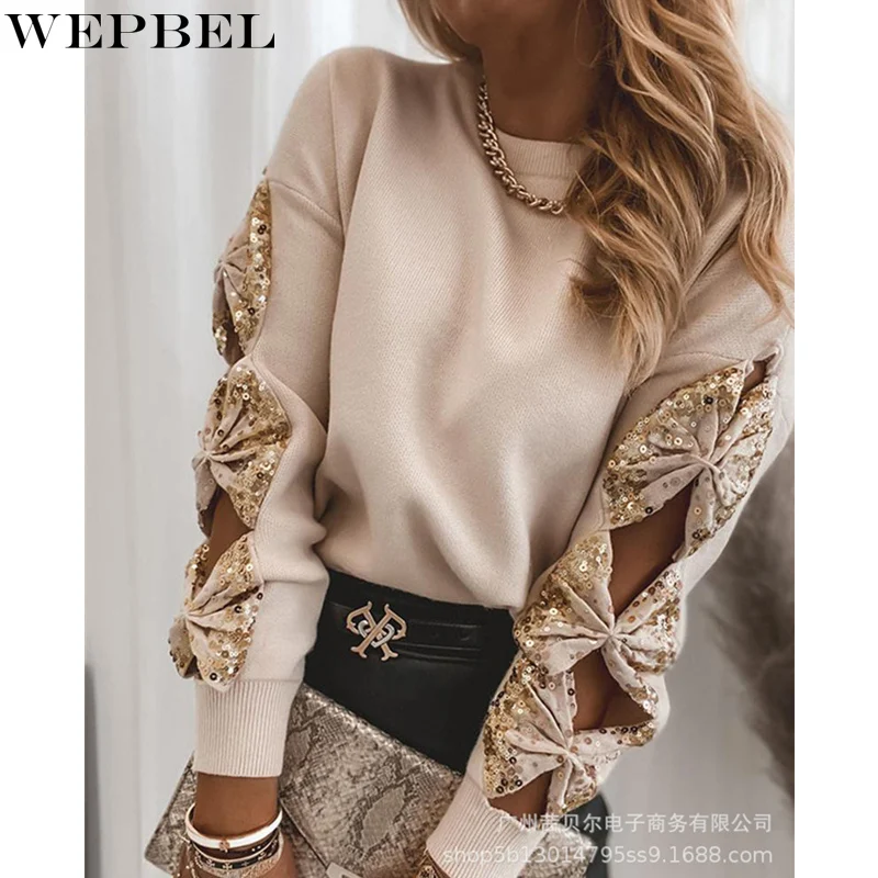 

WEPBEL Ladies Casual Spring Autumn Fashion Sequins Hollow Out Bow Knot Patchwork Sweatshirt Women Elegant Pullover Sweater Top