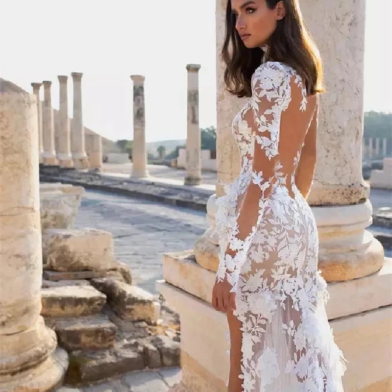 

Sexy Mermaid Wedding Dress High Neck Side Slit Lace Applique Sleeves Pleat Sposa Illusion Vestidos Bridal Party Robe De Mariée